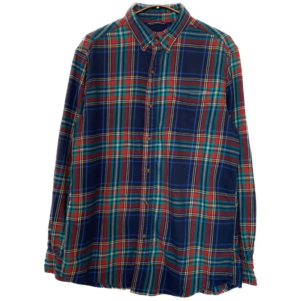 Chaps Plaid Flannel Shirt Men Medium Blue Red Teal Grunge Distressed 90s Ralph